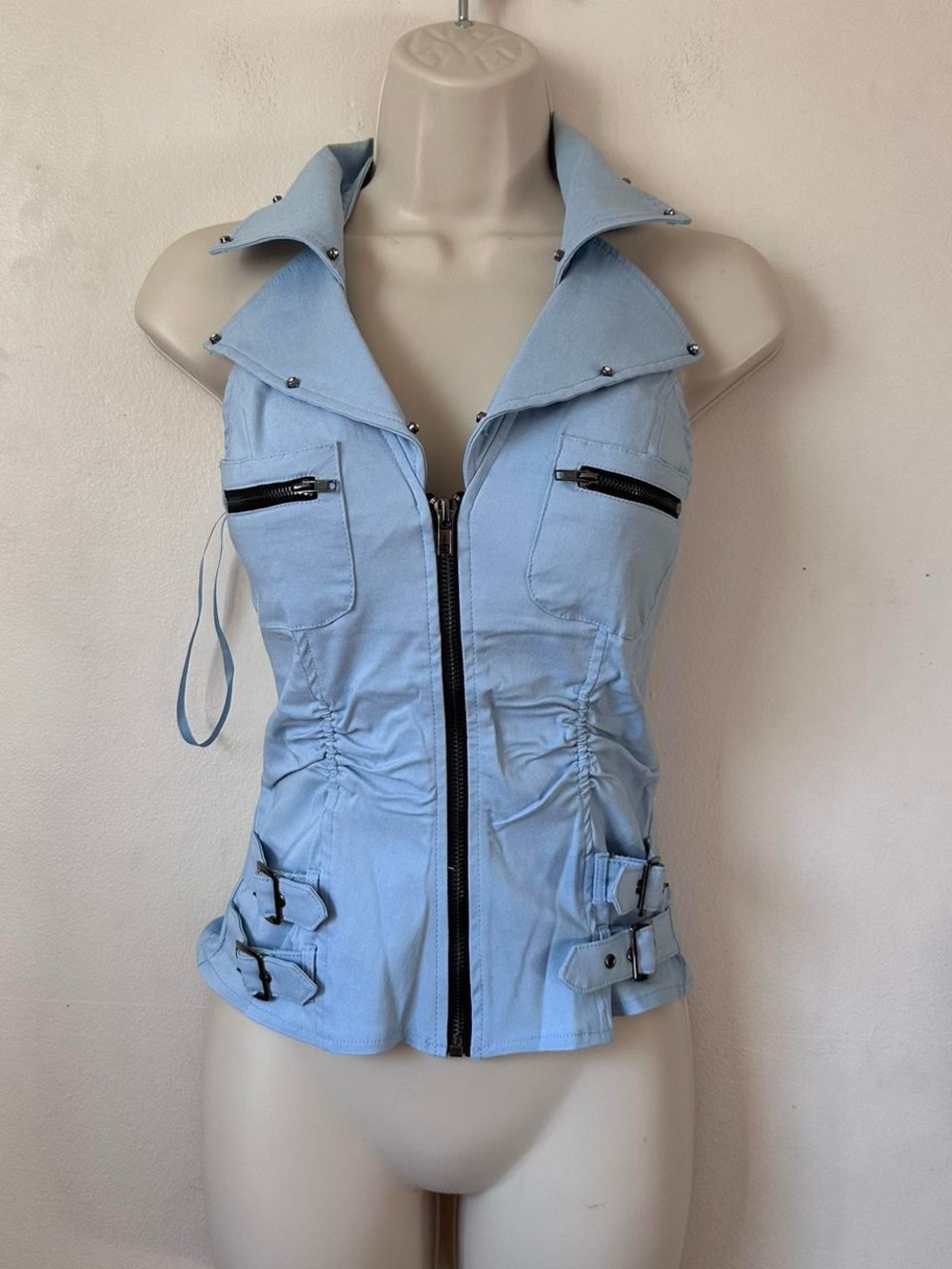 Light Blue Zip Front Stud Collar Vest - Picture 2 of 8